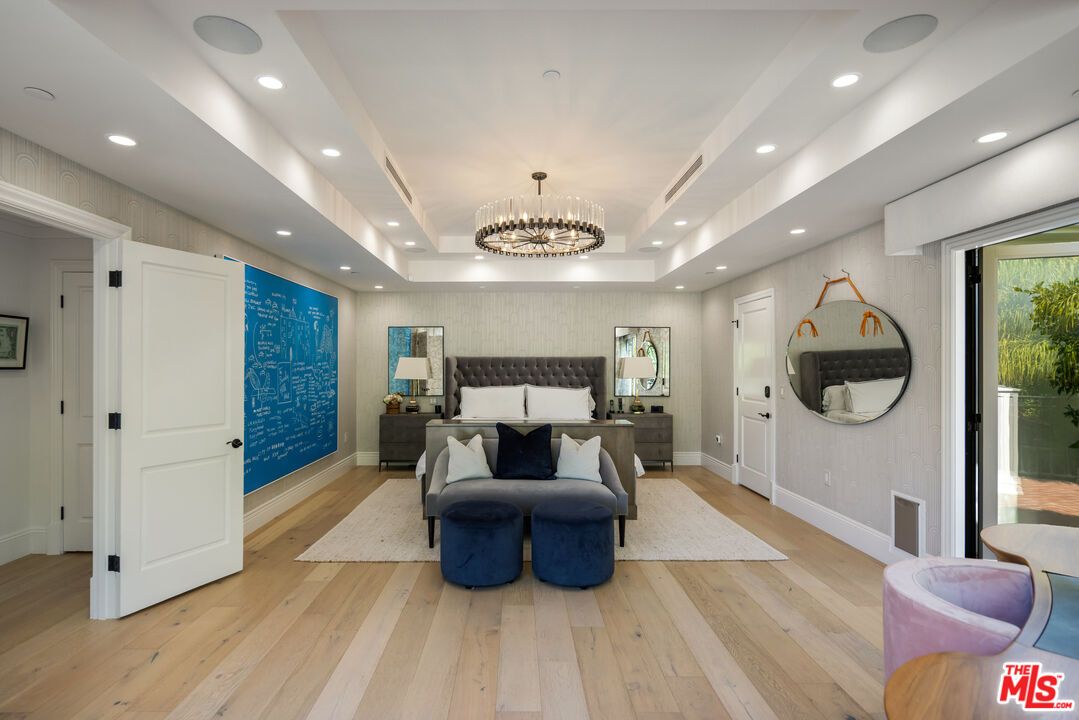 Bedroom, Chandelier, Interior, Recessed Lighting, Wood Texture Flooring