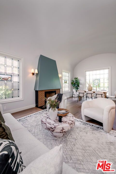 Dining room, Fireplace, Interior, Living room, Wood Texture Flooring