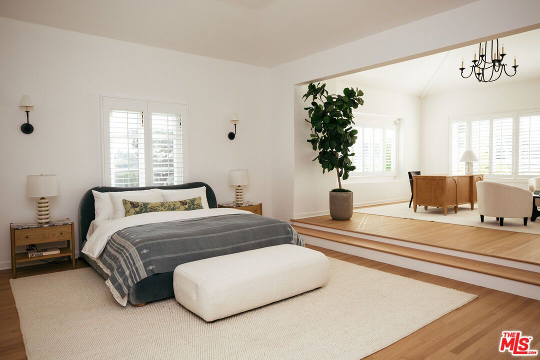 Bedroom, Chandelier, Interior, Wood Texture Flooring