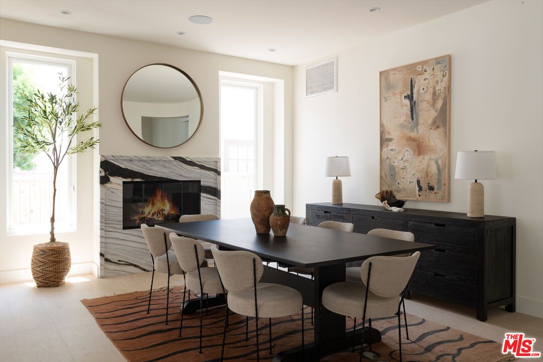 Dining room, Fireplace, Interior, Recessed Lighting