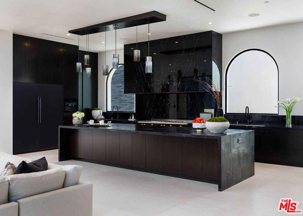 Interior, Kitchen, Marble Walls, Pendant Lights, Recessed Lighting
