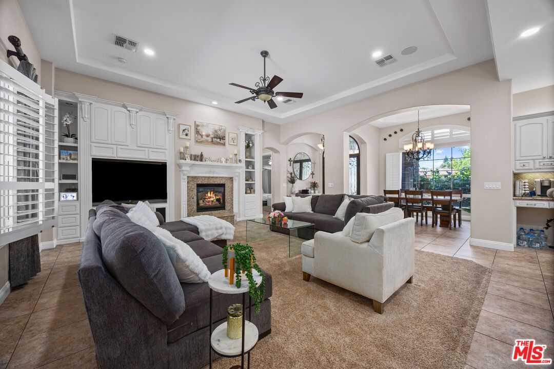 Chandelier, Dining room, Fireplace, Interior, Living room, Recessed Lighting