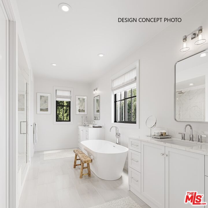 Bathroom, Dual Sink Vanities, Free Standing Baths, Interior, Marble Walls, Recessed Lighting