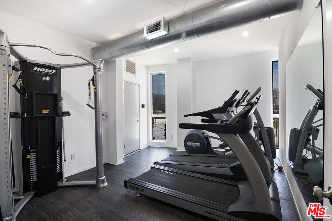 Fitness Equipment, Gym, Interior, Recessed Lighting, Wood Texture Flooring
