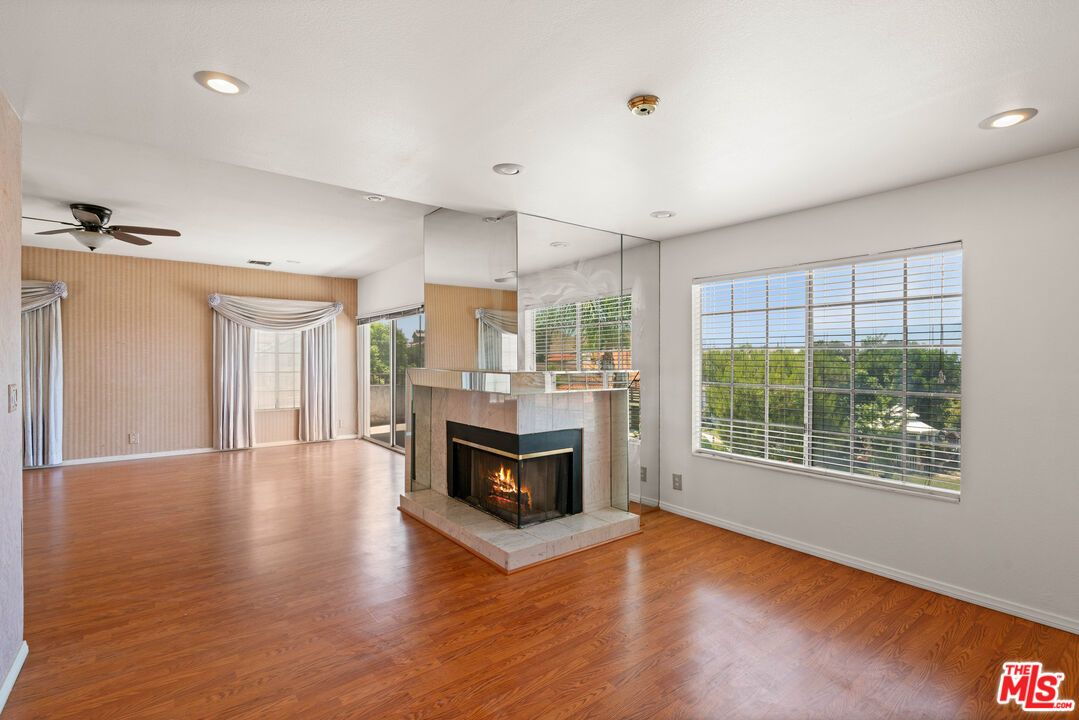 Empty room, Fireplace, Interior, Recessed Lighting, Wood Texture Flooring