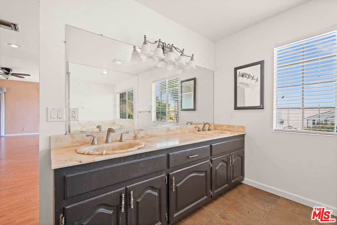 Bathroom, Dual Sink Vanities, Interior, Recessed Lighting, Wood Texture Flooring