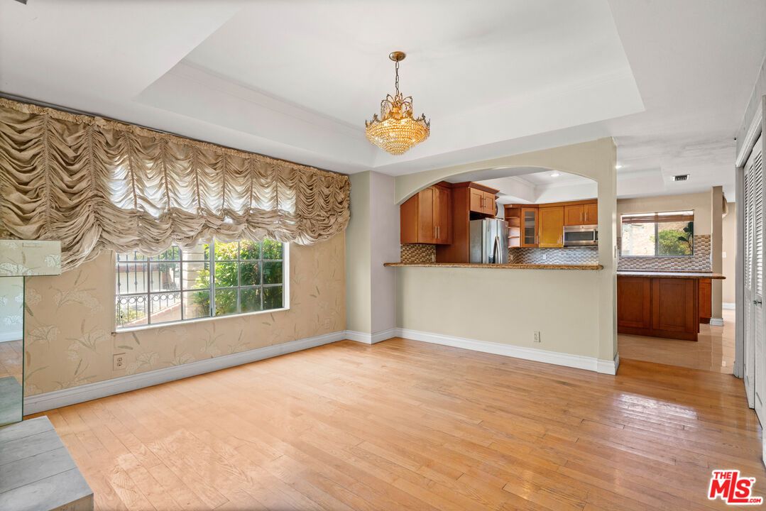 Chandelier, Empty room, Interior, Kitchen, Stainless Steel Appliances, Wood Texture Flooring