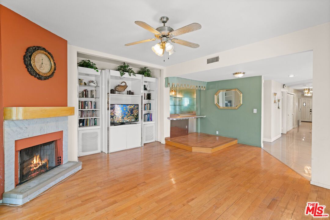 Empty room, Fireplace, Interior, Recessed Lighting, Wood Texture Flooring