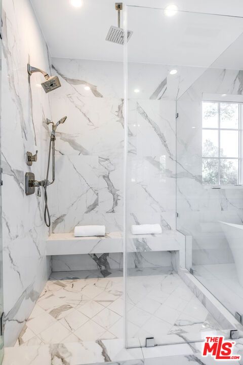 Bathroom, Glass Shower, Interior, Marble, Marble Walls, Recessed Lighting