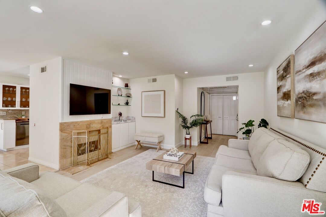 Fireplace, Interior, Living room, Recessed Lighting, Wood Texture Flooring