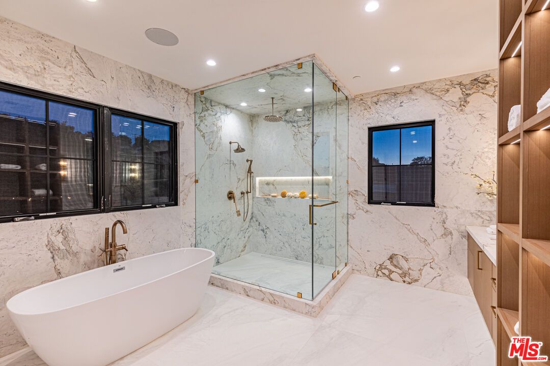 Bathroom, Free Standing Baths, Glass Shower, Interior, Marble, Marble Walls, Recessed Lighting