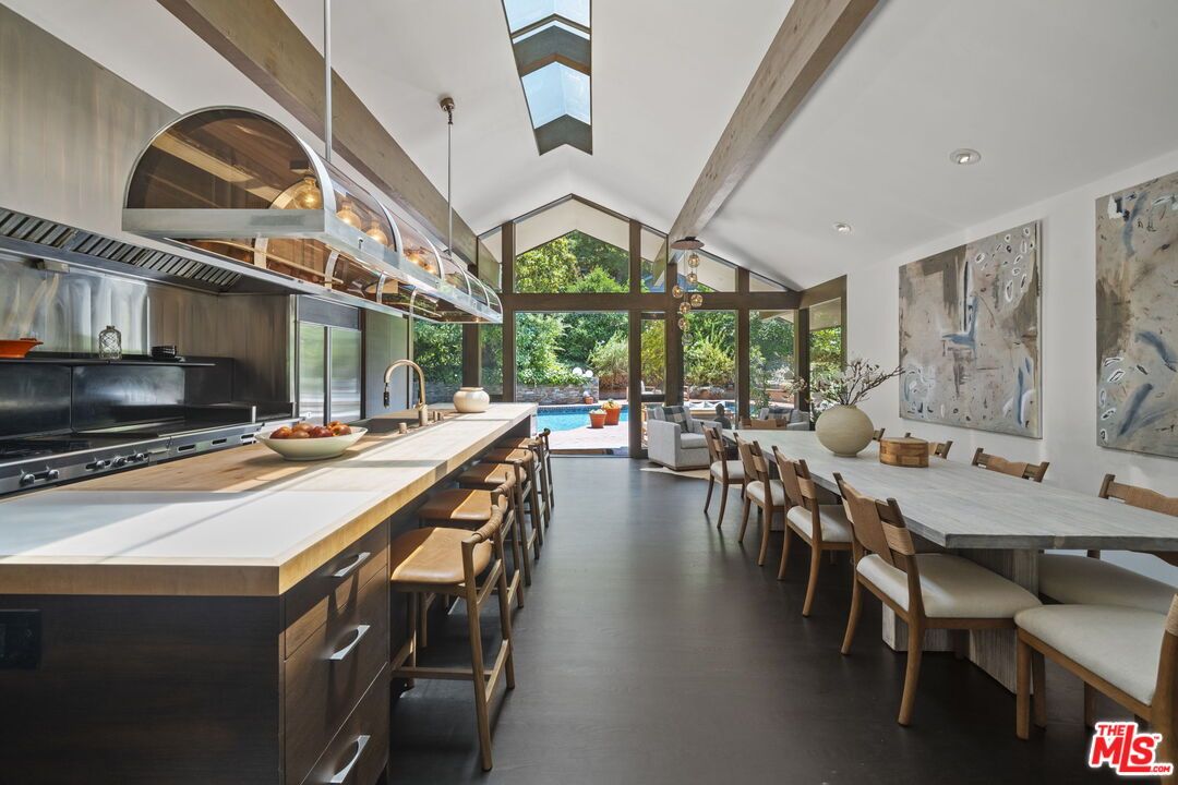 Dining room, Interior, Kitchen, Pendant Lights, Recessed Lighting, Stainless Steel Appliances, Wooden Beams
