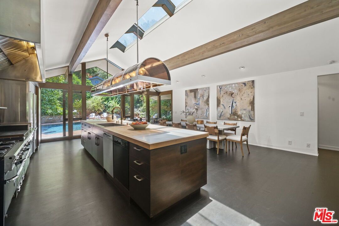 Dining room, Interior, Kitchen, Pendant Lights, Recessed Lighting, Stainless Steel Appliances, Wooden Beams, Wood Texture Flooring