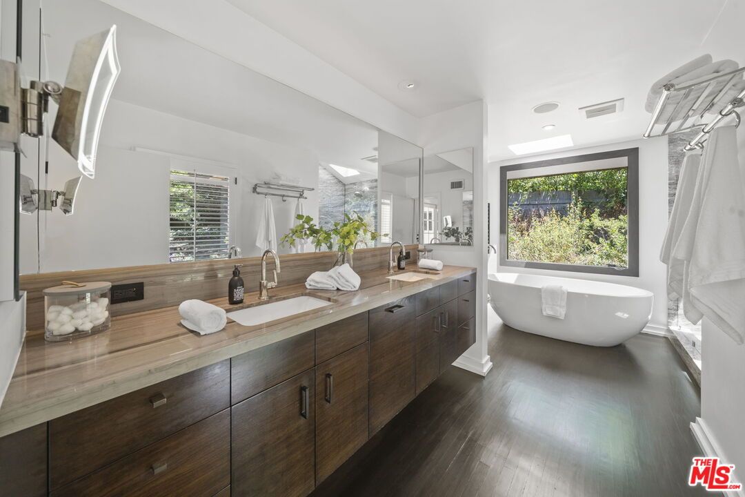 Bathroom, Dual Sink Vanities, Free Standing Baths, Interior, Recessed Lighting, Wood Texture Flooring