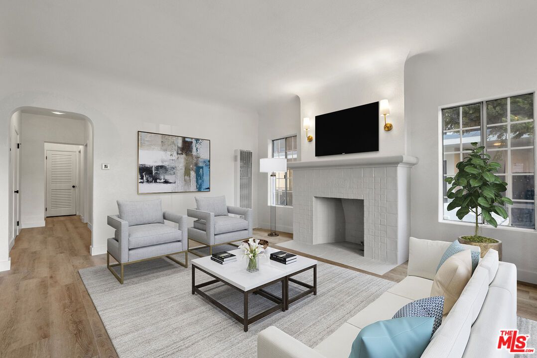 Fireplace, Interior, Living room, Recessed Lighting, Wood Texture Flooring