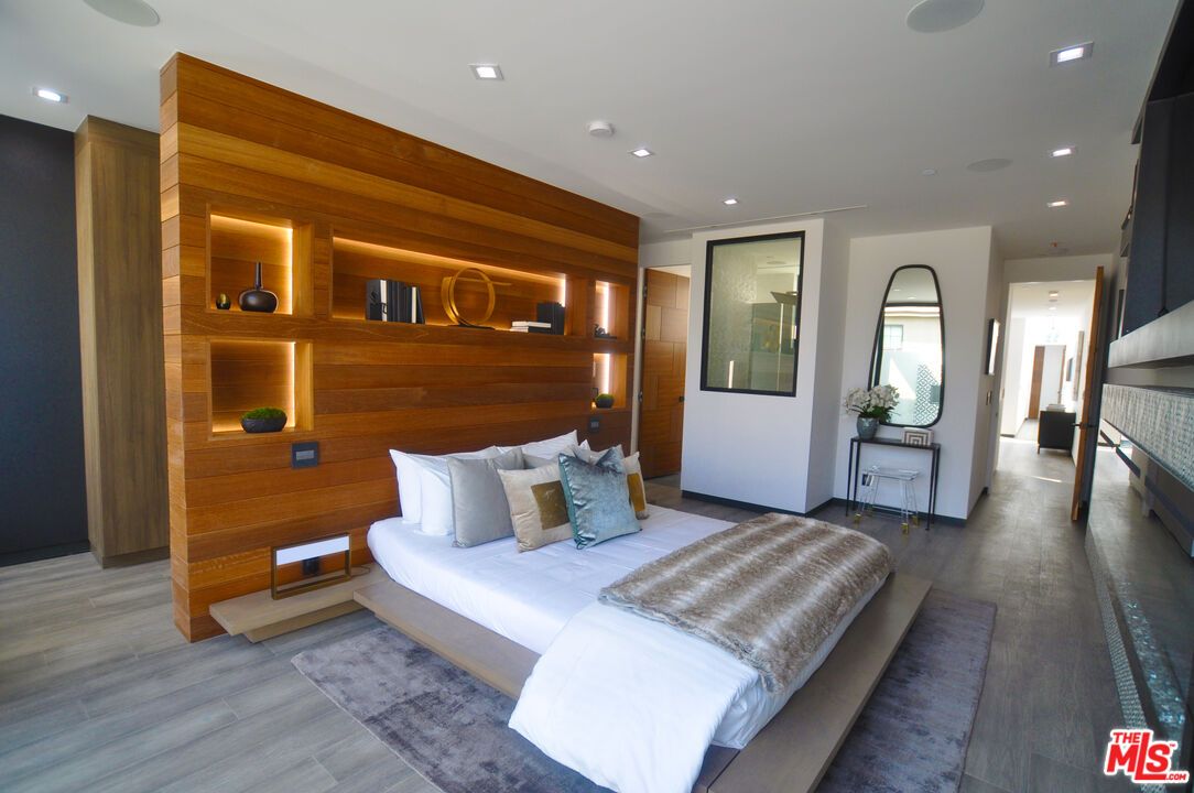 Bedroom, Interior, Recessed Lighting, Wood Texture Flooring, Wooden Walls