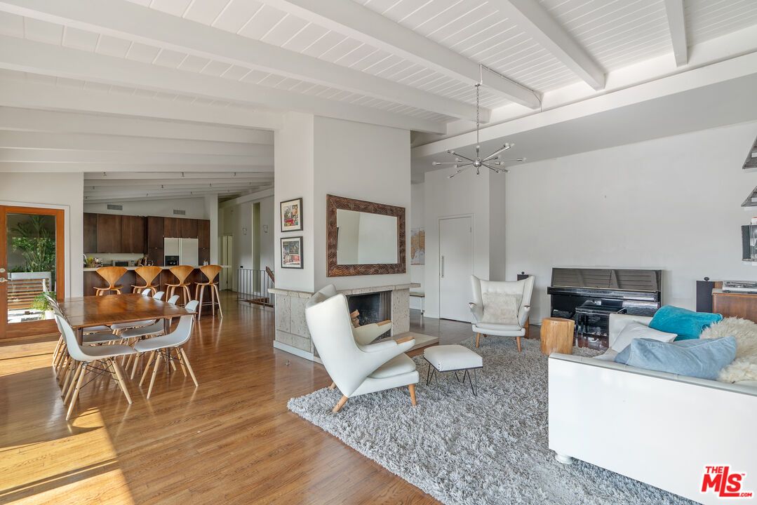 Dining room, Fireplace, Interior, Living room, Pendant Lights, Wood Texture Flooring