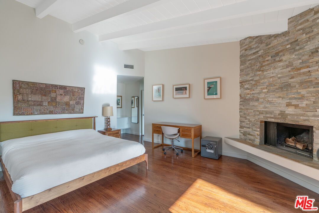 Bedroom, Fireplace, Home Office, Interior, Stone Walls, Wood Texture Flooring