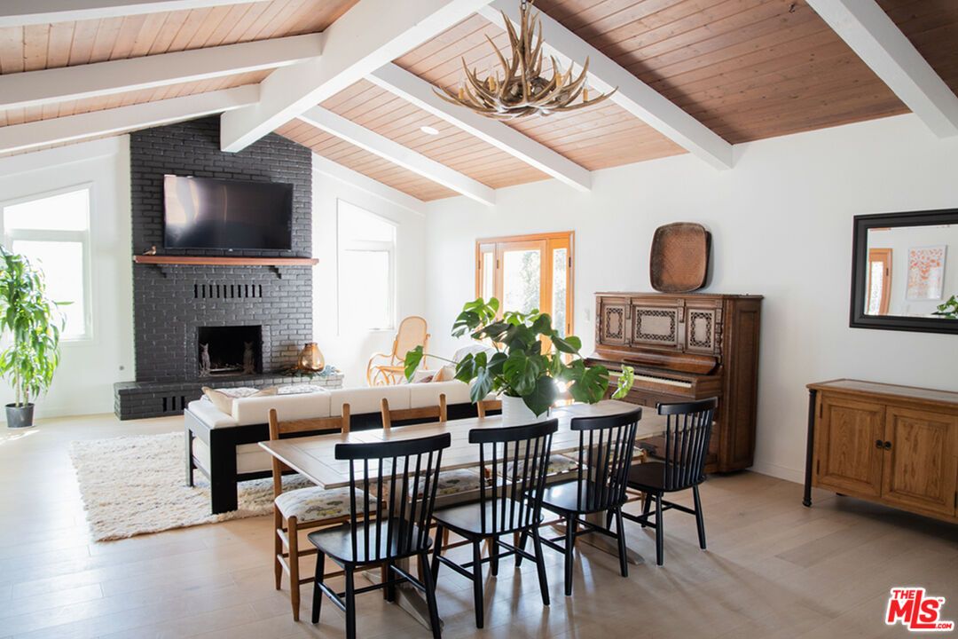 Dining room, Fireplace, Interior, Living room, Piano, Wooden Beams, Wooden Ceilings, Wood Texture Flooring