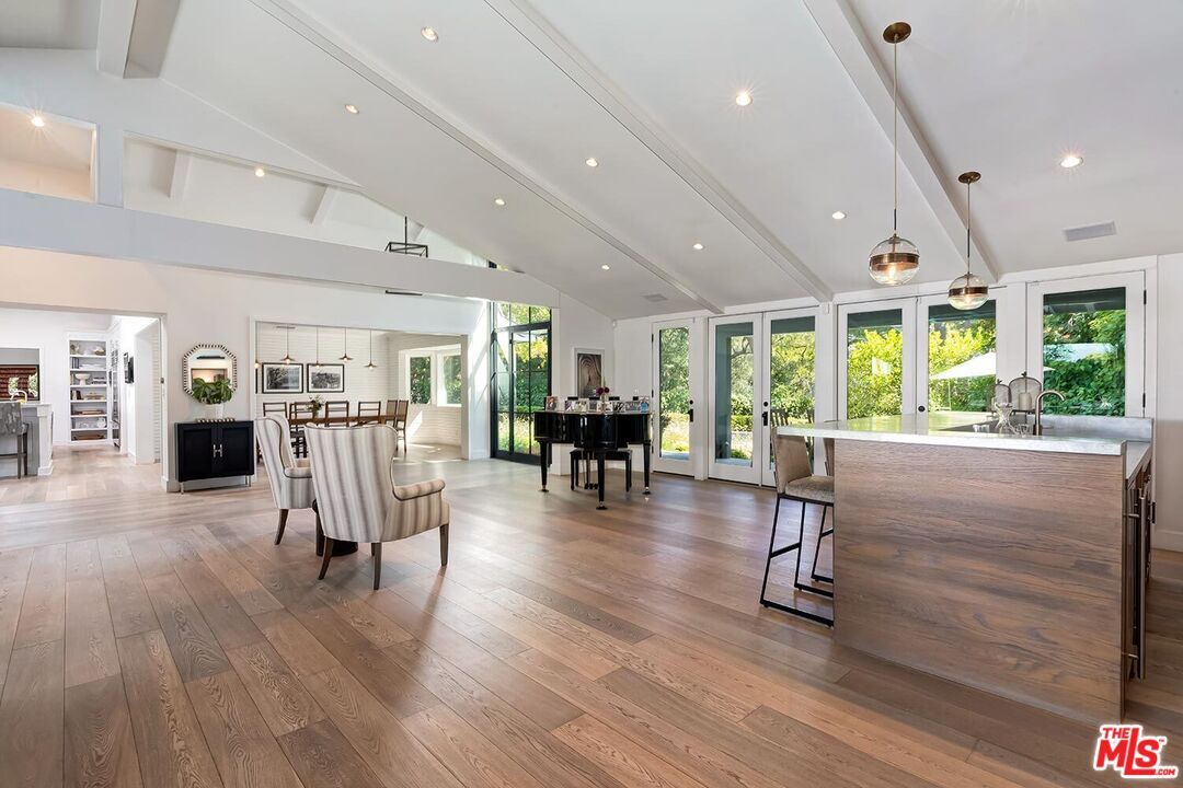 Fireplace, Interior, Pendant Lights, Piano, Recessed Lighting, Wood Texture Flooring