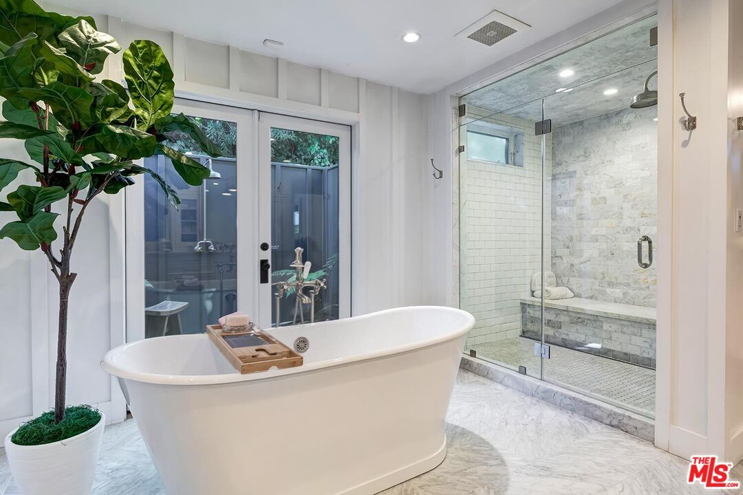 Bathroom, Free Standing Baths, Glass Shower, Interior, Marble, Marble Walls, Recessed Lighting