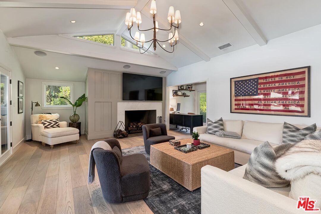 Chandelier, Fireplace, Interior, Living room, Recessed Lighting, Wood Texture Flooring