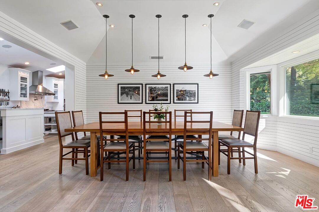 Dining room, Interior, Pendant Lights, Recessed Lighting, Wood Texture Flooring