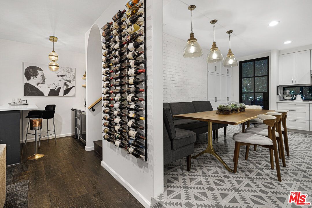 Dining room, Interior, Pendant Lights, Recessed Lighting, Wine Storage, Wood Texture Flooring