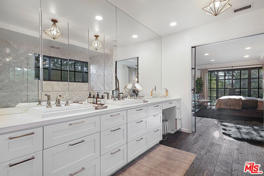 Bathroom, Bedroom, Dual Sink Vanities, Glass Shower, Interior, Pendant Lights, Recessed Lighting, Wood Texture Flooring