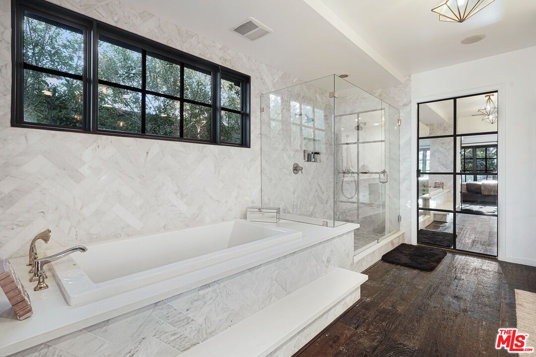 Bathroom, Glass Shower, Interior, Marble Walls, Wood Texture Flooring
