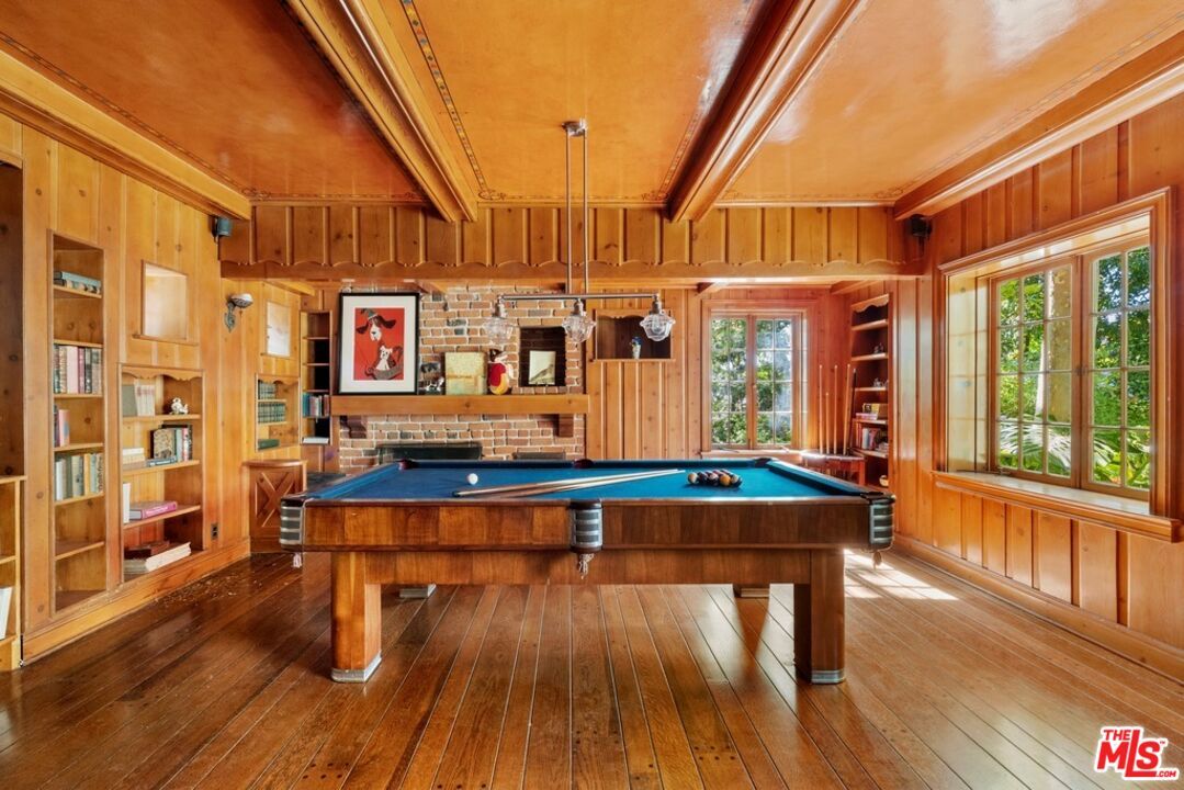Billiard Table, Game Room, Interior, Pendant Lights, Stone Walls, Wood Texture Flooring, Wooden Walls