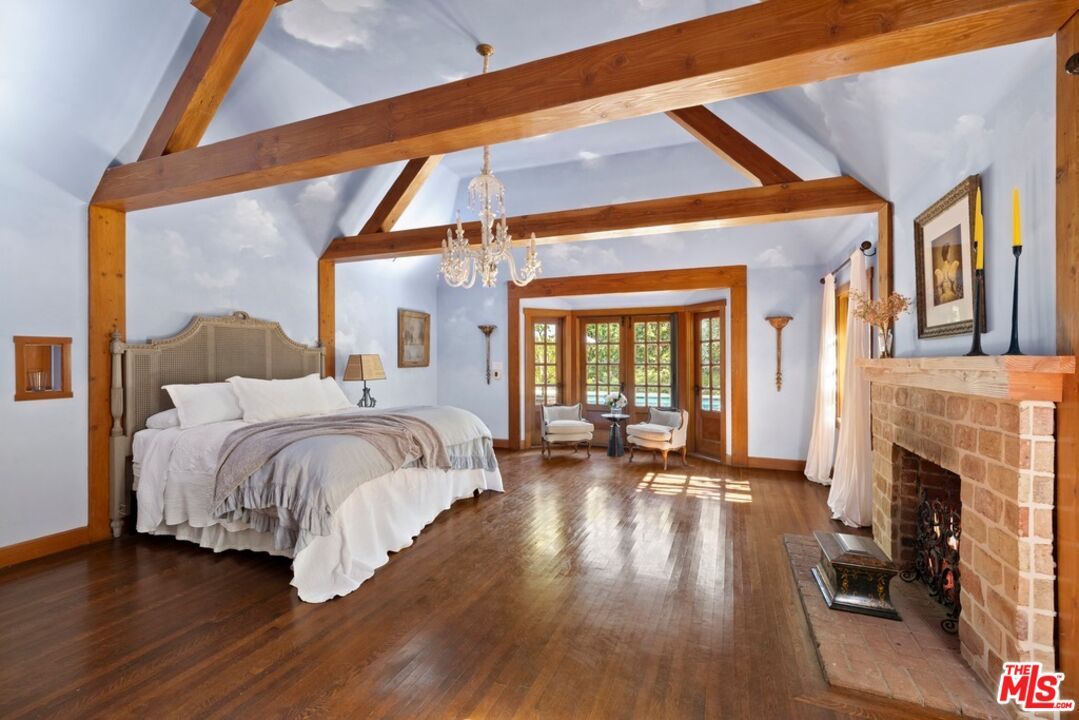 Bedroom, Chandelier, Fireplace, Interior, Wooden Beams, Wood Texture Flooring
