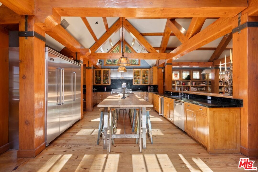 Interior, Kitchen, Pendant Lights, Stainless Steel Appliances, Wooden Beams, Wood Texture Flooring