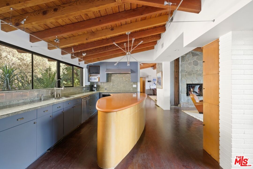 Fireplace, Interior, Kitchen, Pendant Lights, Stone Walls, Wooden Beams, Wooden Ceilings, Wood Texture Flooring