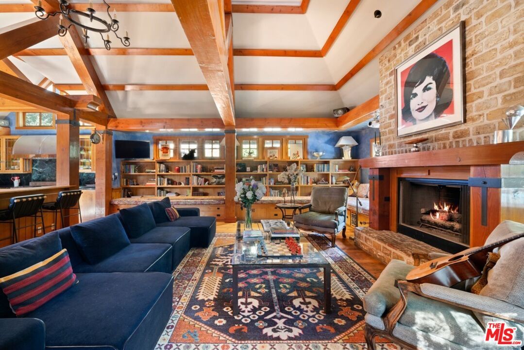 Fireplace, Interior, Living room, Stone Walls, Wooden Beams, Wood Texture Flooring
