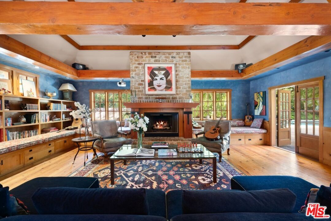 Fireplace, Interior, Living room, Stone Walls, Wooden Beams, Wood Texture Flooring
