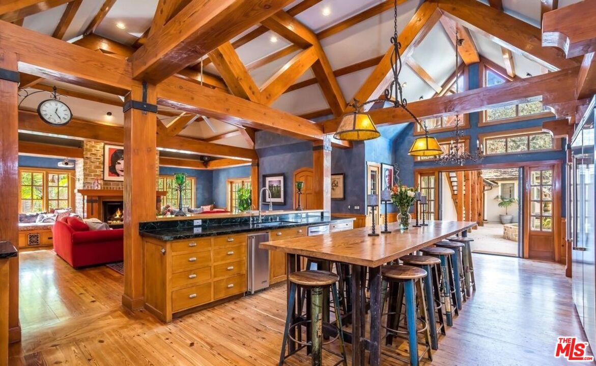 Fireplace, Interior, Kitchen, Living room, Pendant Lights, Recessed Lighting, Wooden Beams, Wood Texture Flooring