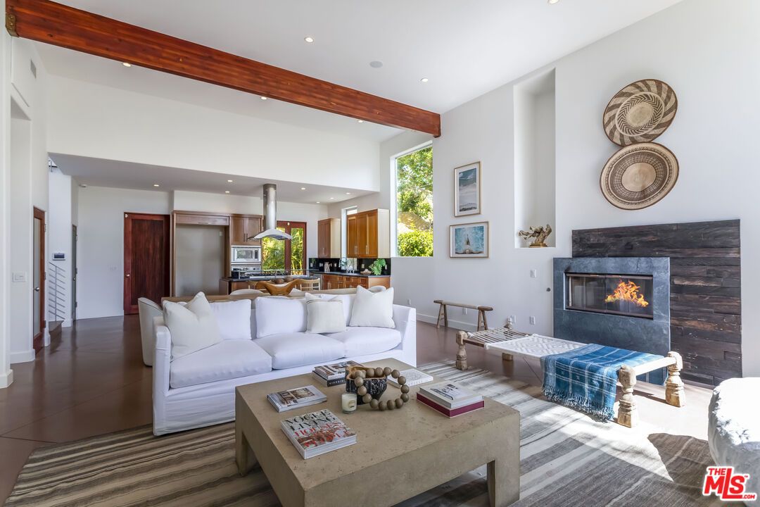 Fireplace, Interior, Kitchen, Living room, Pendant Lights, Recessed Lighting, Wooden Beams