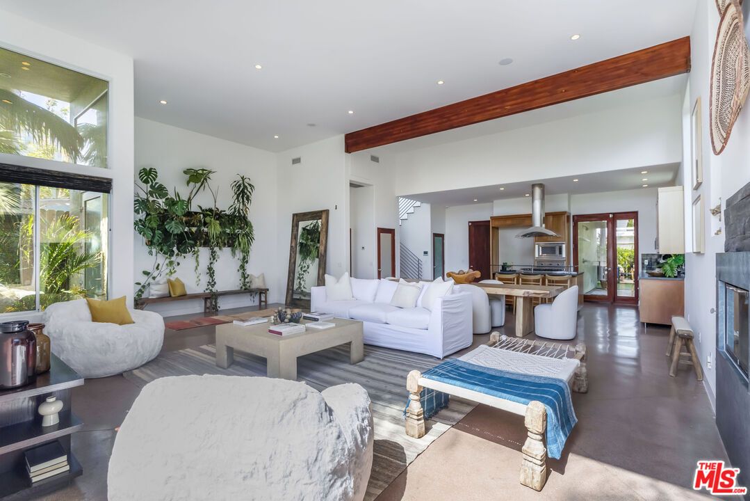 Dining room, Fireplace, Interior, Kitchen, Living room, Recessed Lighting, Stainless Steel Appliances, Wooden Beams