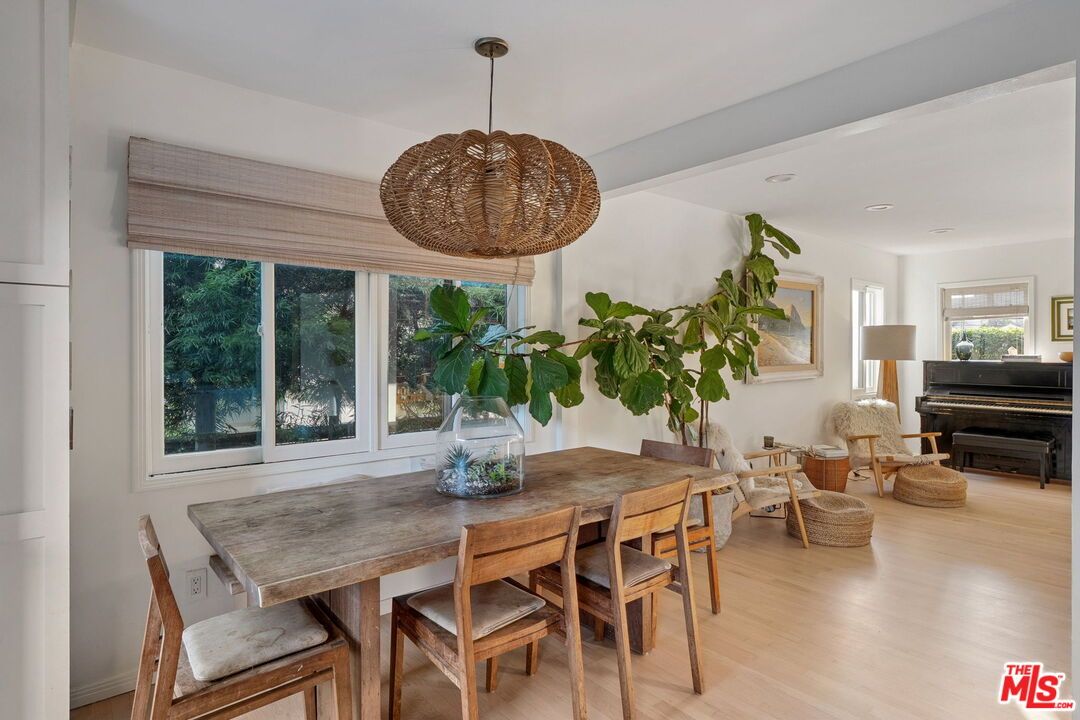Dining room, Interior, Pendant Lights, Piano, Wood Texture Flooring