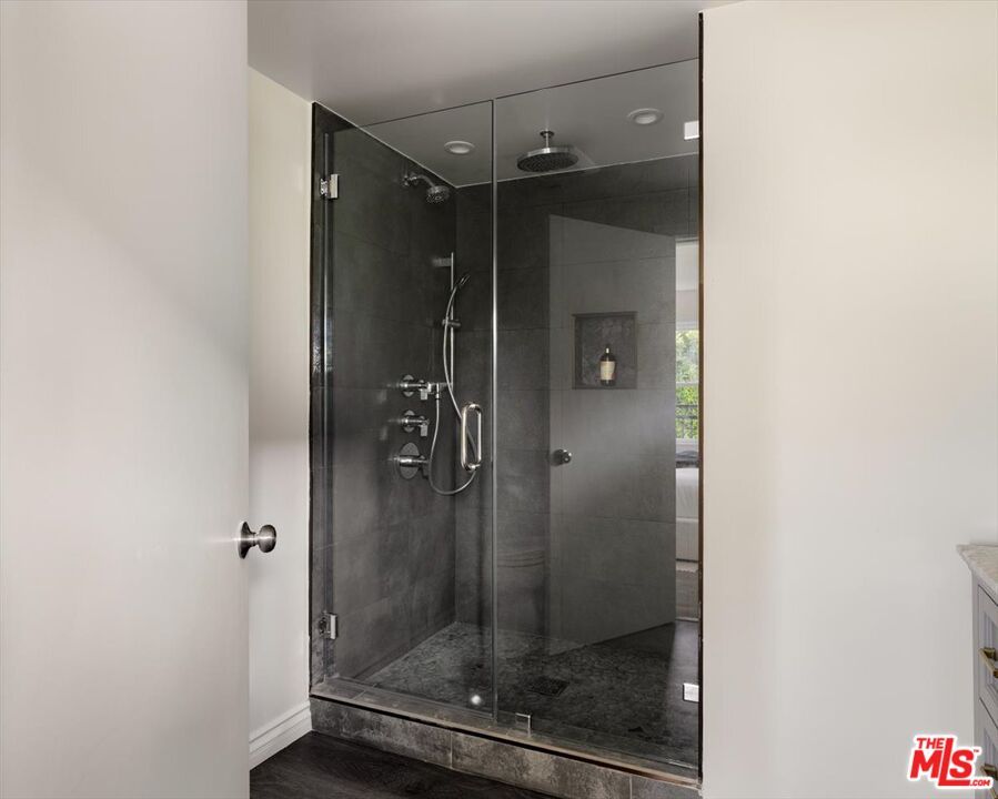 Bathroom, Glass Shower, Interior, Wood Texture Flooring