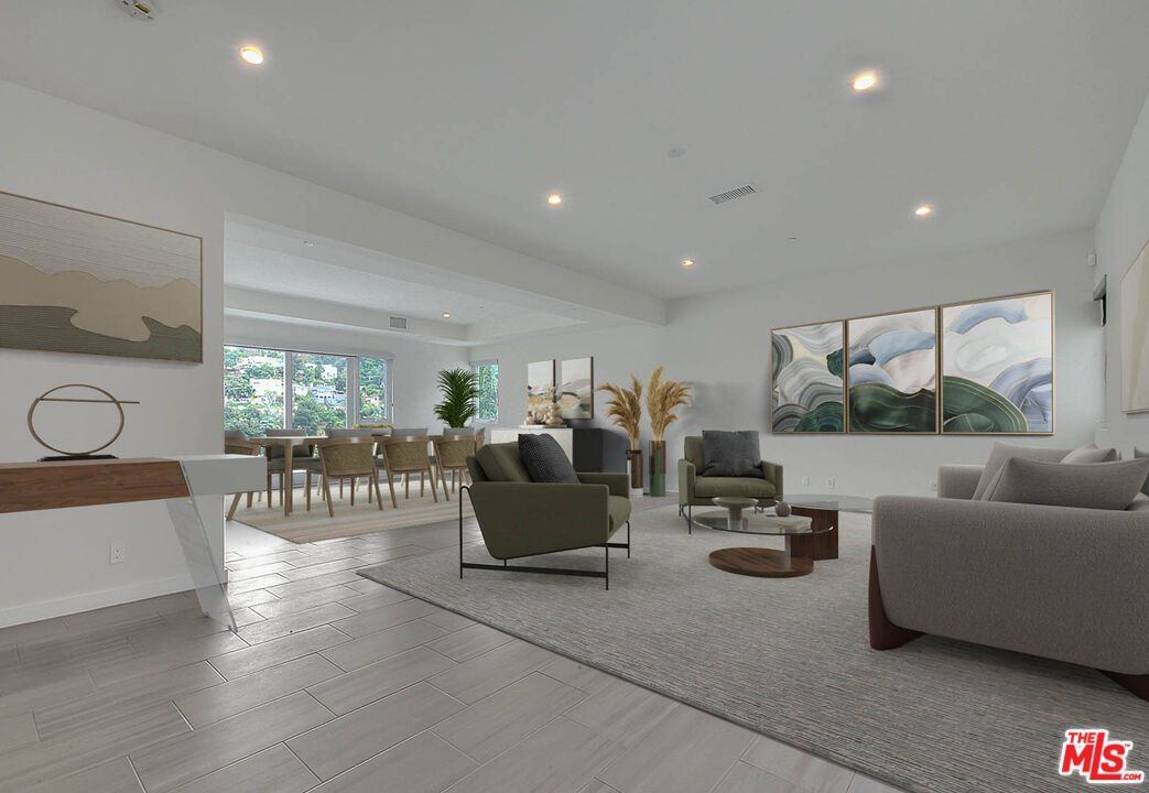 Dining room, Interior, Living room, Recessed Lighting, Wood Texture Flooring