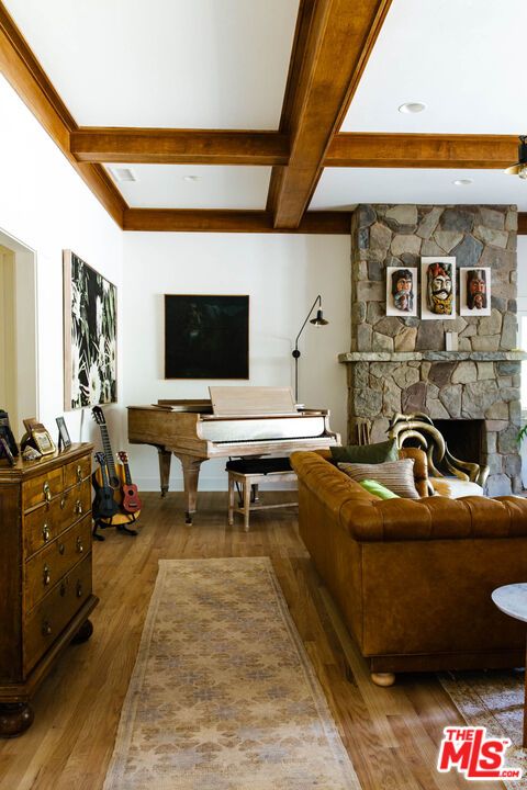Fireplace, Interior, Living room, Piano, Recessed Lighting, Stone Walls, Wooden Beams, Wood Texture Flooring