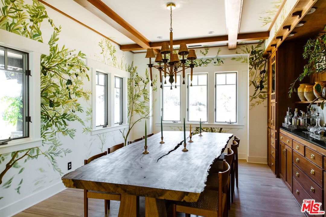 Chandelier, Interior, Recessed Lighting, Wooden Beams, Wood Texture Flooring