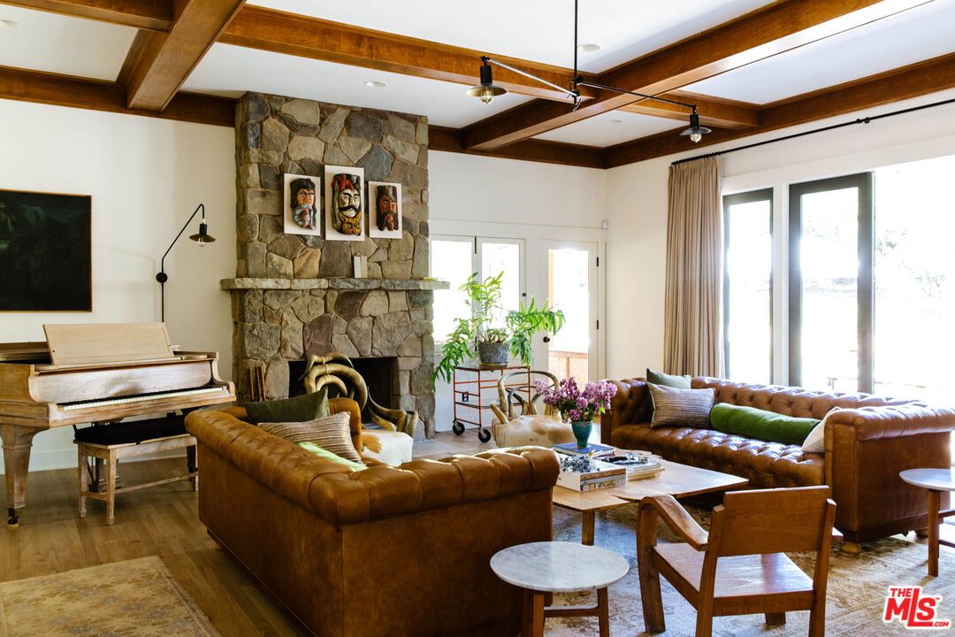 Fireplace, Interior, Living room, Piano, Recessed Lighting, Stone Walls, Wooden Beams, Wood Texture Flooring