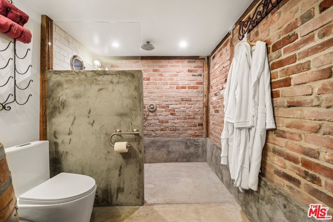 Bathroom, Glass Shower, Interior, Recessed Lighting, Stone Walls
