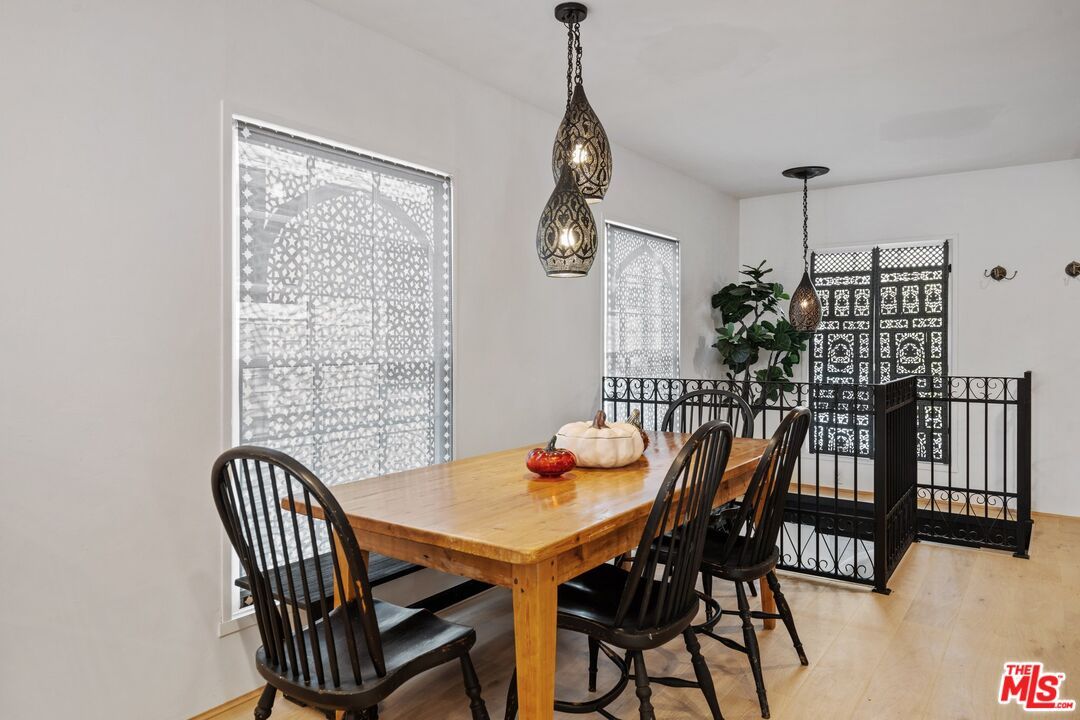 Dining room, Interior, Pendant Lights, Wood Texture Flooring
