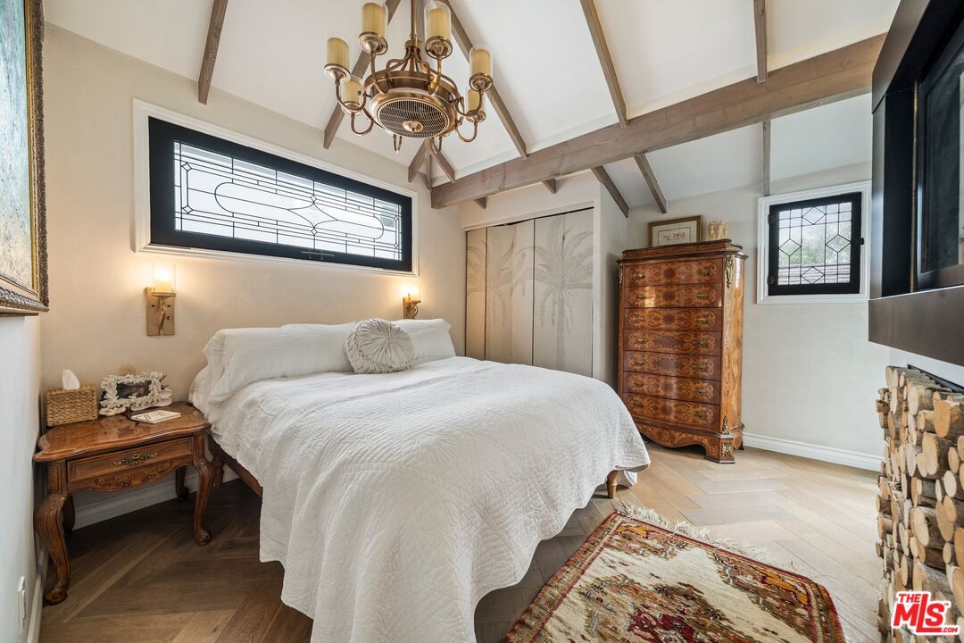 Bedroom, Chandelier, Interior, Wooden Beams, Wood Texture Flooring