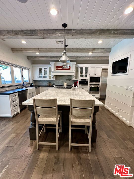 Interior, Kitchen, Pendant Lights, Recessed Lighting, Stainless Steel Appliances, Wooden Beams, Wood Texture Flooring