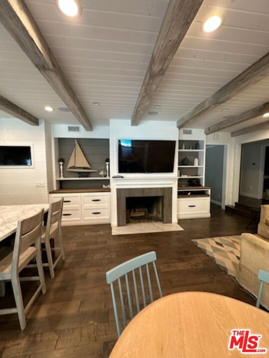 Dining room, Fireplace, Interior, Kitchen, Recessed Lighting, Stainless Steel Appliances, Wooden Beams, Wooden Ceilings, Wood Texture Flooring